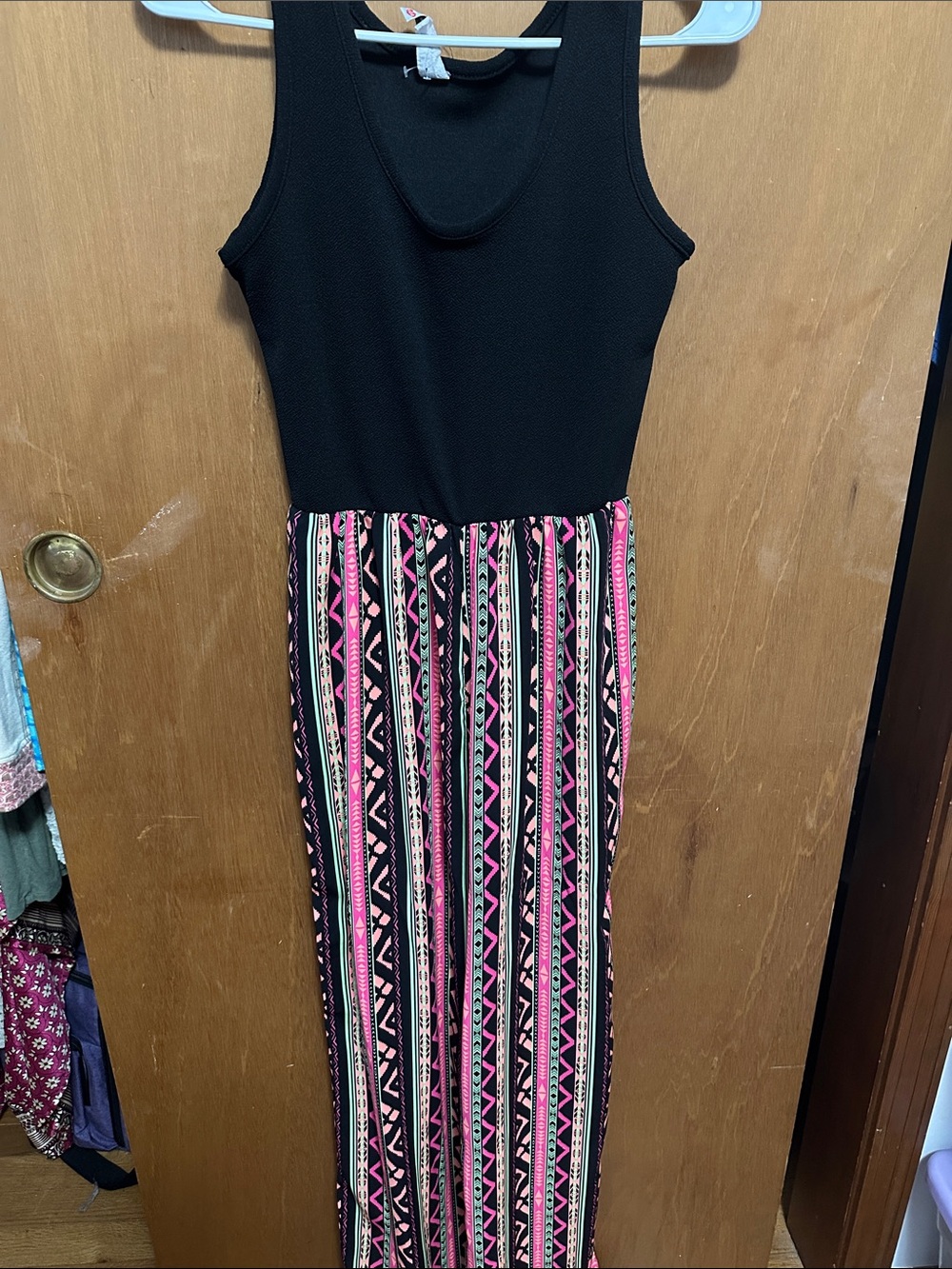 Discreet Black Tank Maxi Jumpsuit with Pink Aztec Stripe Skirt